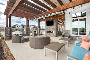 Outdoor lounge with fireplace